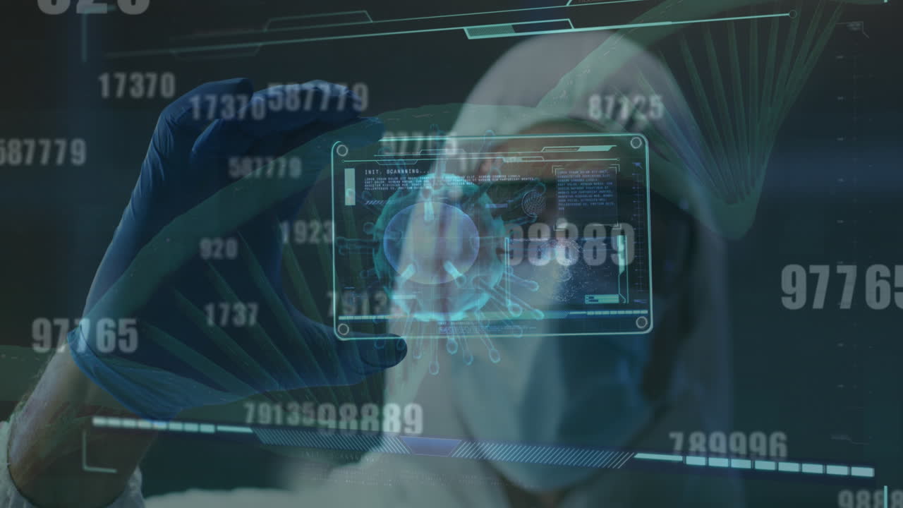 animación del adn y los números cambiando sobre el científico en traje de ppe sosteniendo la pantalla con la célula de covid-19