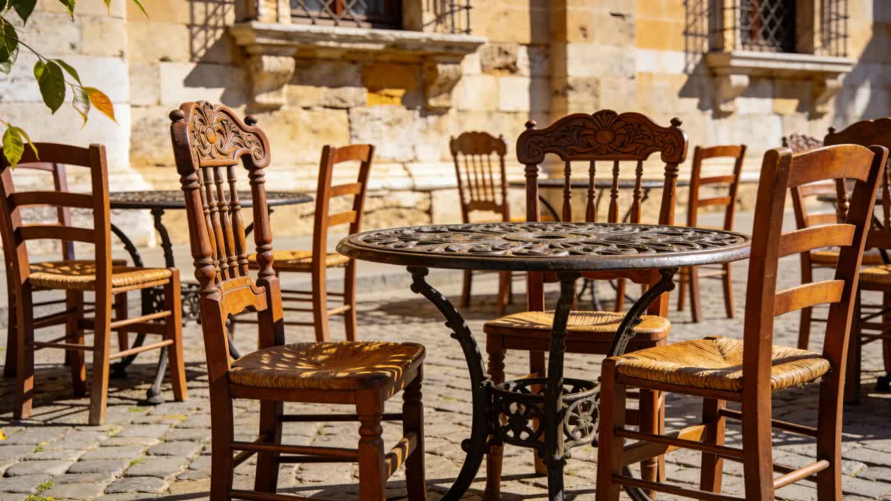 Telecamera in movimento panoramico verso un tavolo in ferro battuto ornato e sedie in legno in un caffè, rivelando dettagli