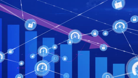 animation of network of connections with icons over statistics with arrow