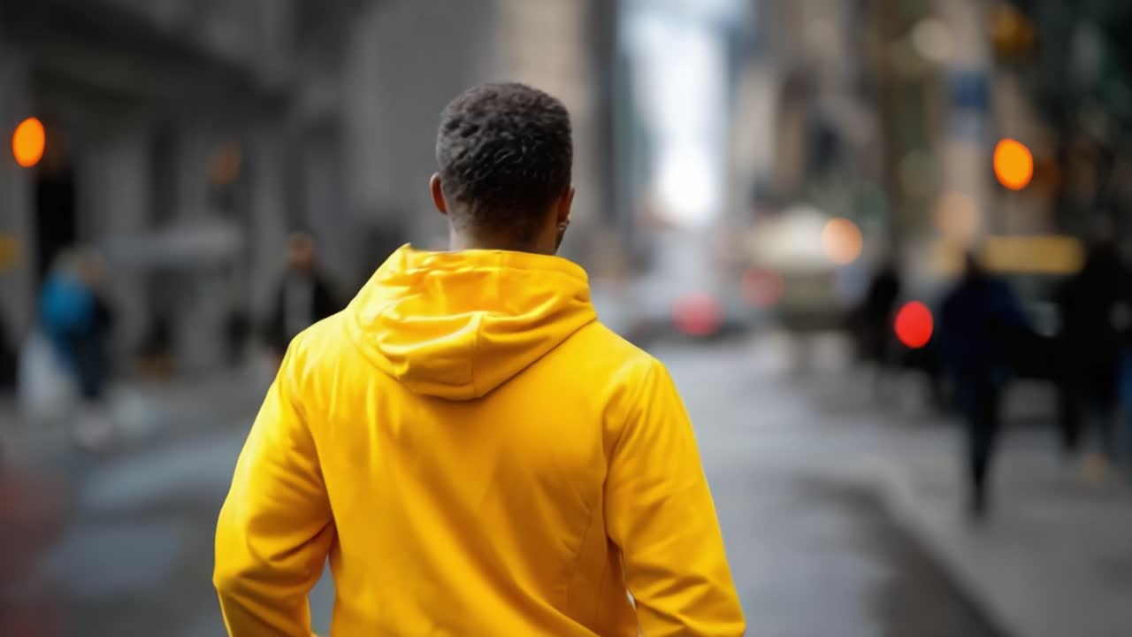 A Man in a Bright Yellow Jacket Stands on an Urban Street, Gazing Towards the Cityscape, Capturing the Essence of City Life in Motion and Color