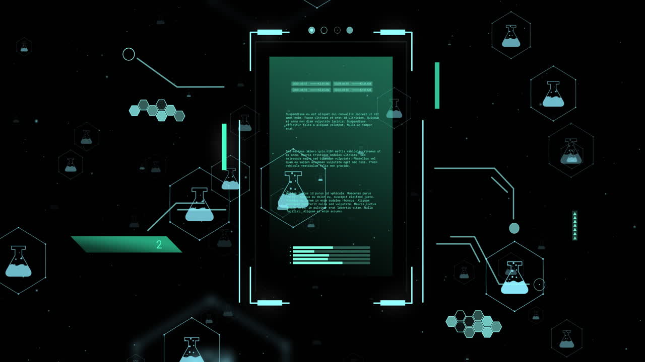 Animation of scopes and scientific data processing over black background
