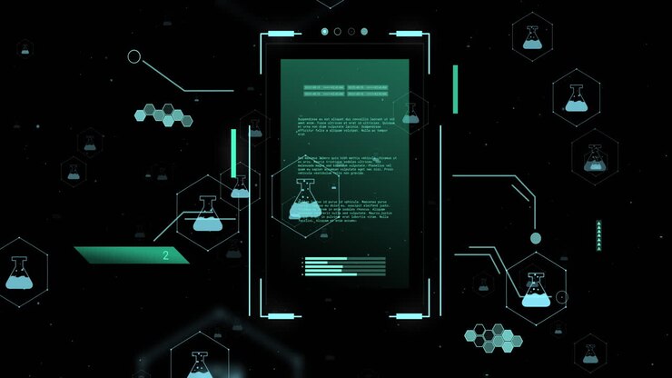 Animation of scopes and scientific data processing over black background