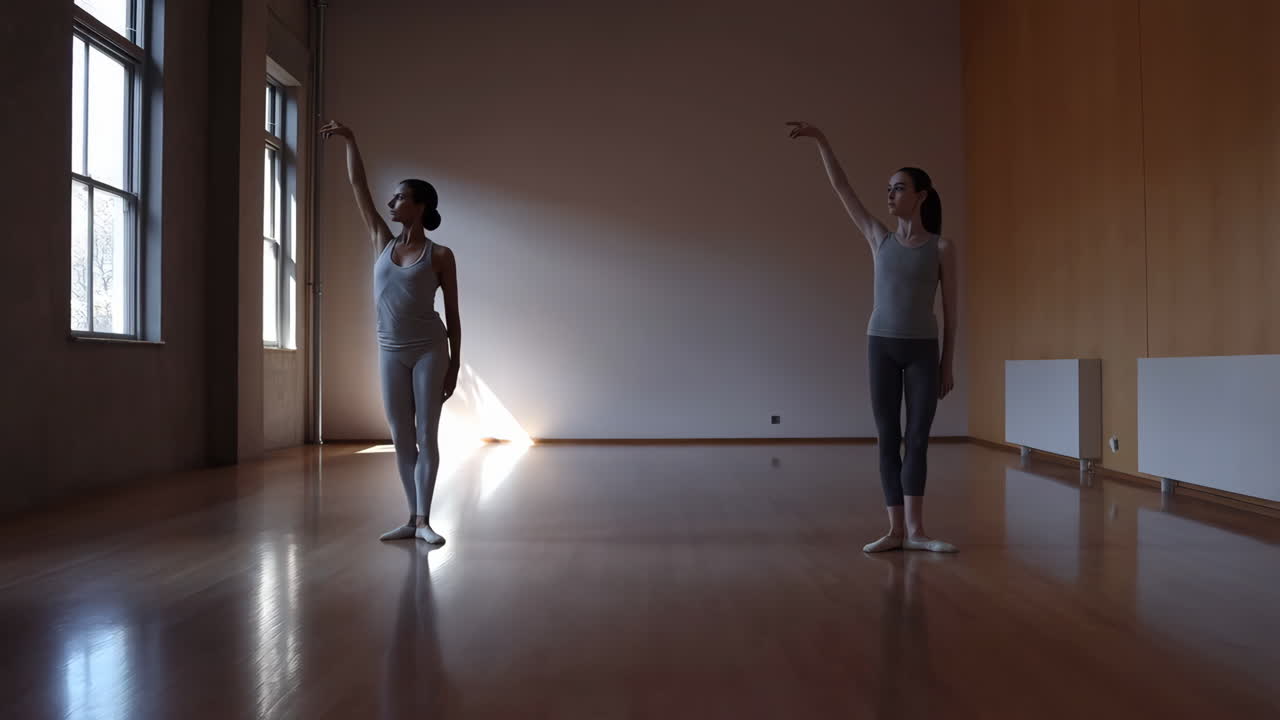 Two Female Dancers Practicing Ballet Poses in a Studio with Natural Light