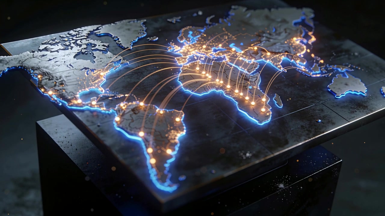 Starting loop, metal map on dark table, neon-outlined pulsing orange nodes and arcs