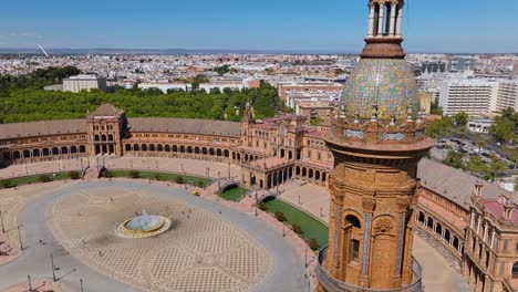 Plaza-De-Espana-City-Square-In-Seville,-Spain---Aerial-Pullback