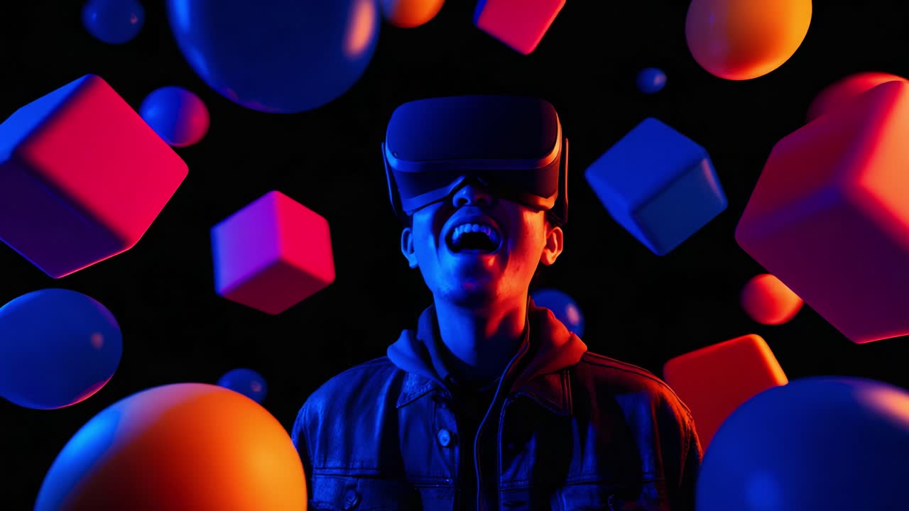 A joyful figure immersed in a vibrant virtual reality experience, surrounded by colorful geometric shapes and luminous spheres, showcasing the engaging and dynamic worlds of VR technology