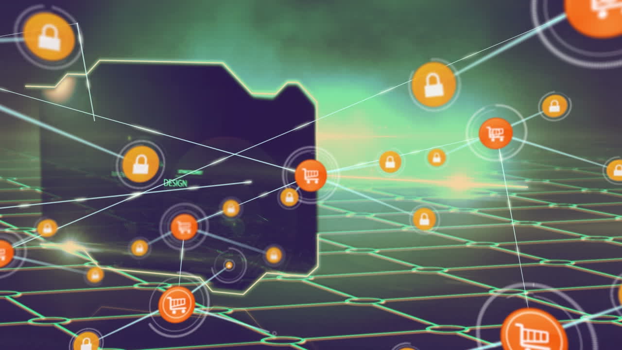 잠금의 애니메이션, 점들을 연결하는 카트 아이콘, 텍스트, 밝은 빛, 디지털 인터페이스의 그리드