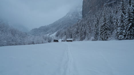 POV-walk-in-snowy-Lauterbrunnen,-Switzerland,-showcasing-winter's-charm-with-falling-snow-and-majestic-mountain-views-in-the-valley