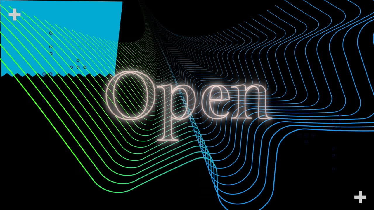Animazione del testo aperto in neon bianco, su linee parallele colorate e tela blu, su sfondo nero