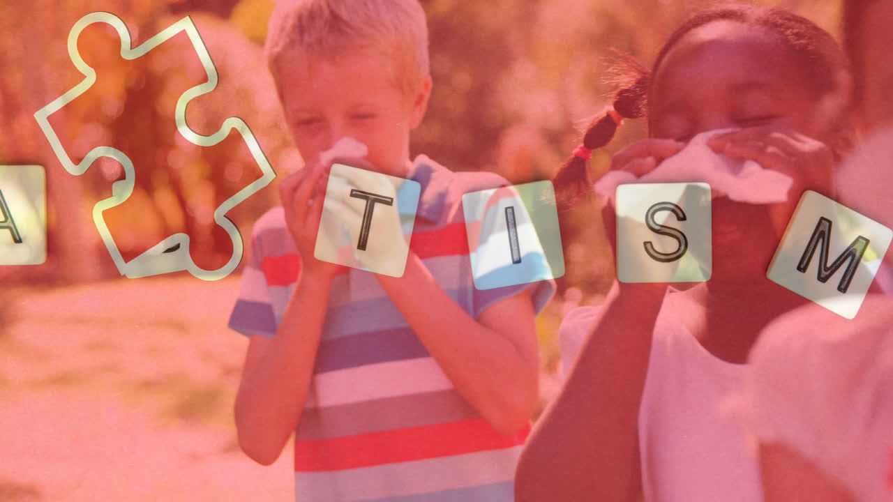 다채로운 퍼즐 조각과 자폐증 텍스트의 애니메이션 아이들의 친구들이 재채기하는 코