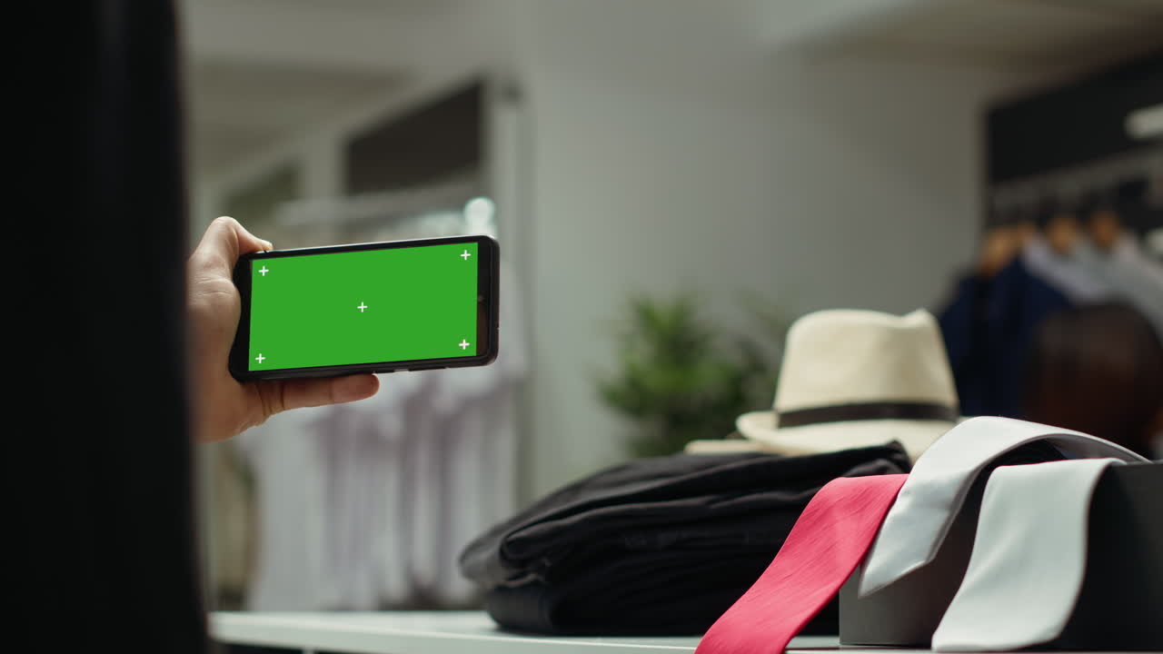 Smartphone con schermo verde in un negozio di abbigliamento