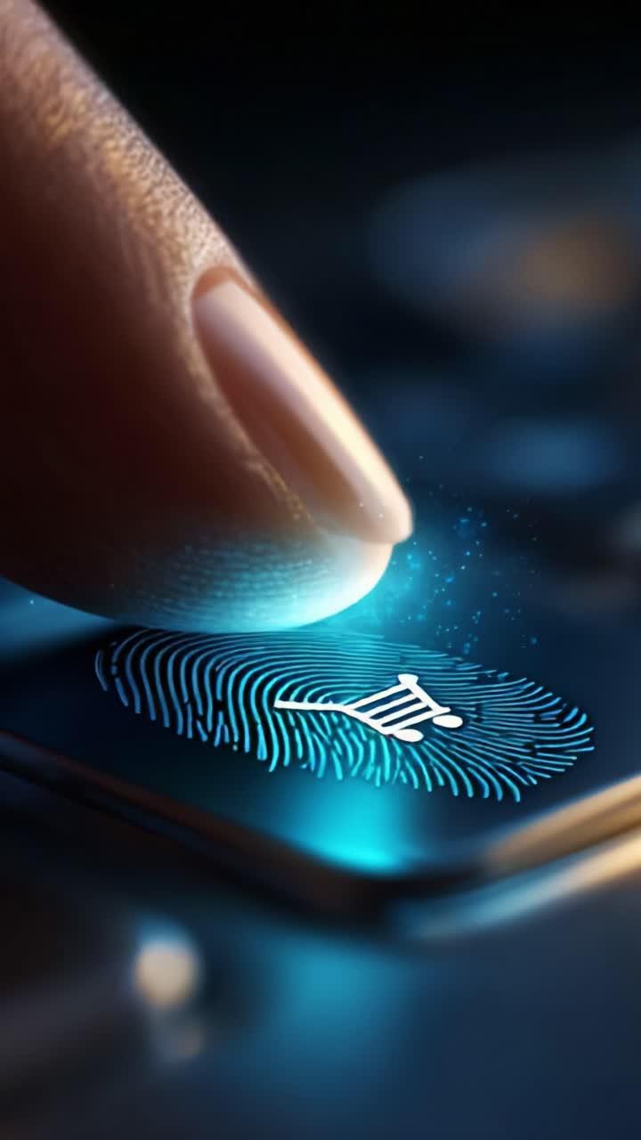 Close-Up of a Finger Touching a Smartphone Screen with a Glowing Blue Fingerprint Recognition Pattern for Enhanced Security Technology
