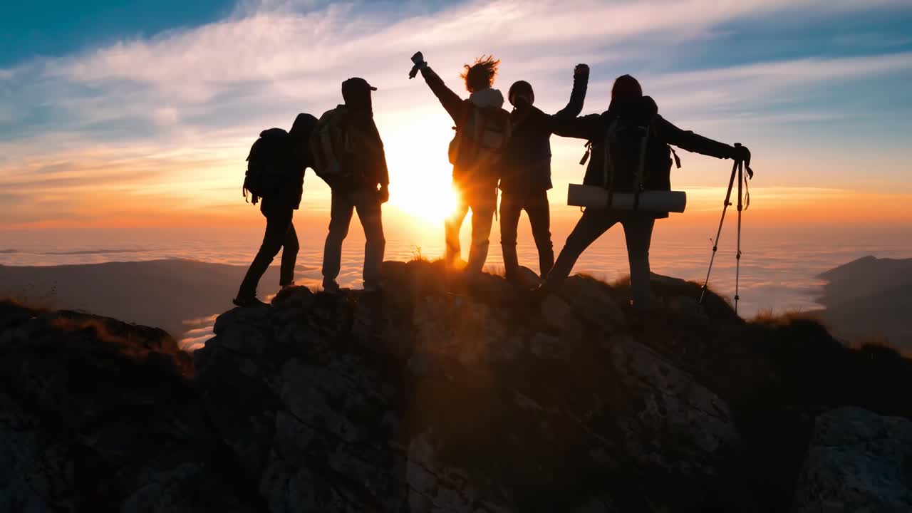 Escursionisti in silhouette festeggiano in cima a una montagna all'alba, catturati da un video con angolazione dal basso