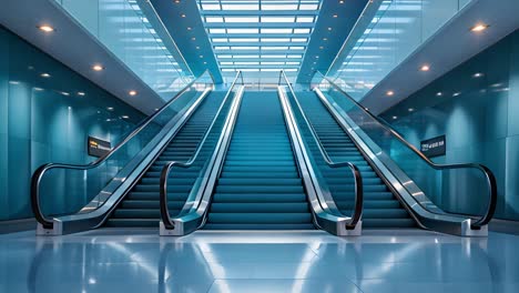 modern blue escalators in an empty public building
