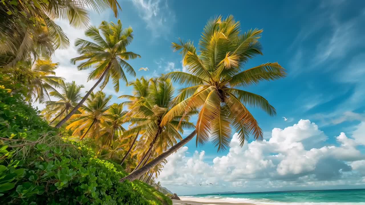 Palmeiras de coco balançando e se inclinando na brisa litorânea em uma costa tropical, com oceano turquesa