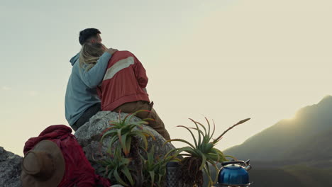 Hiking,-mountain-and-view,-happy-couple-hugging