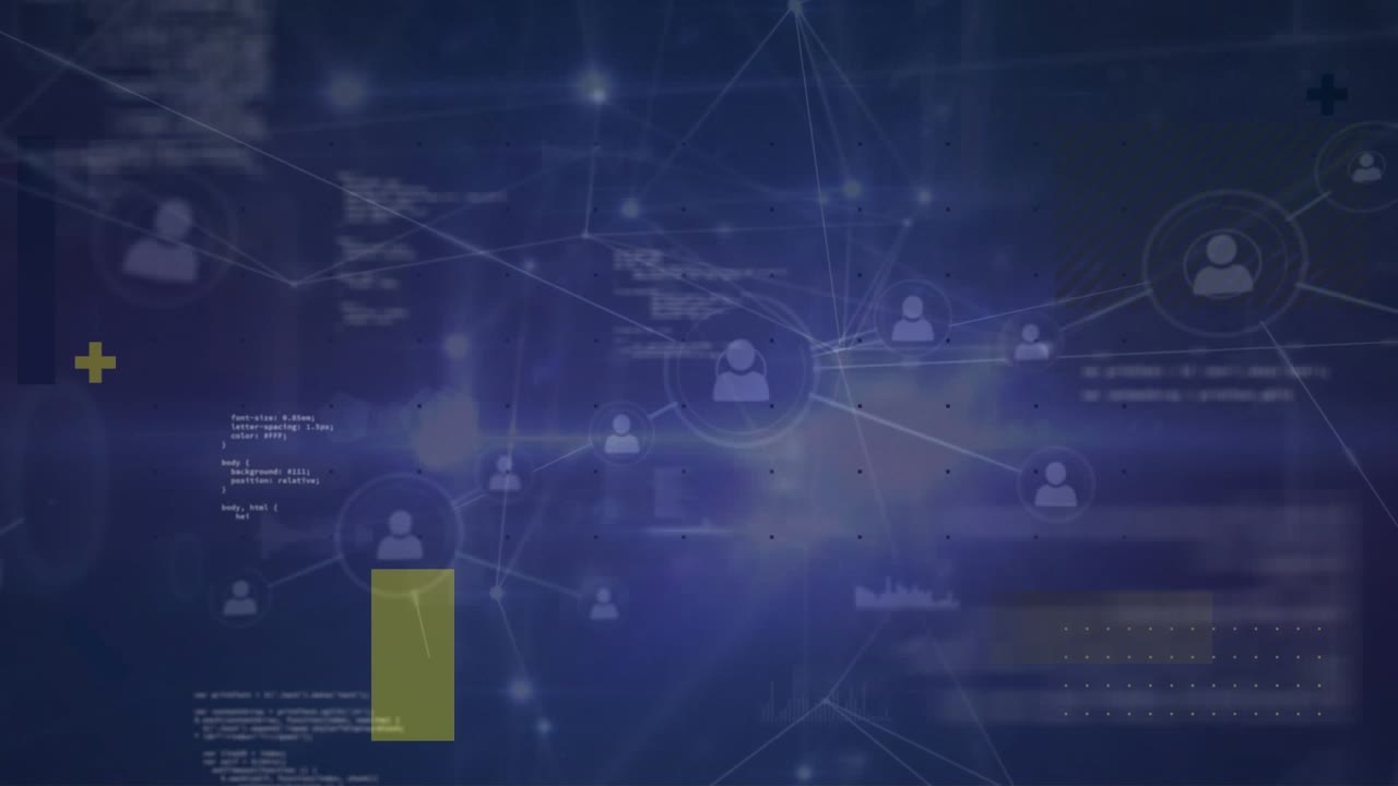 Animation of connected profile icons and dots with programming language
