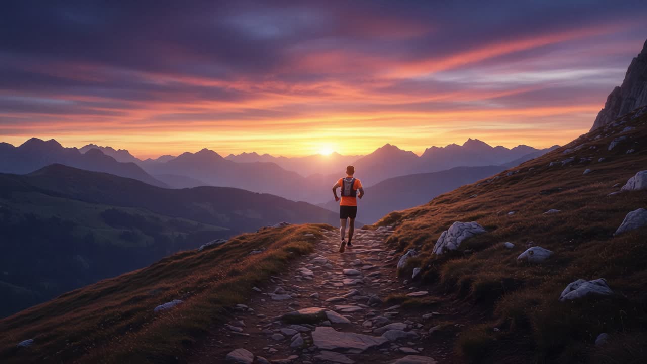 A solitary runner embraces the dawn, traversing a winding mountain path, as vibrant hues of sunrise illuminate the serene landscape, inspiring a sense of adventure and tranquility