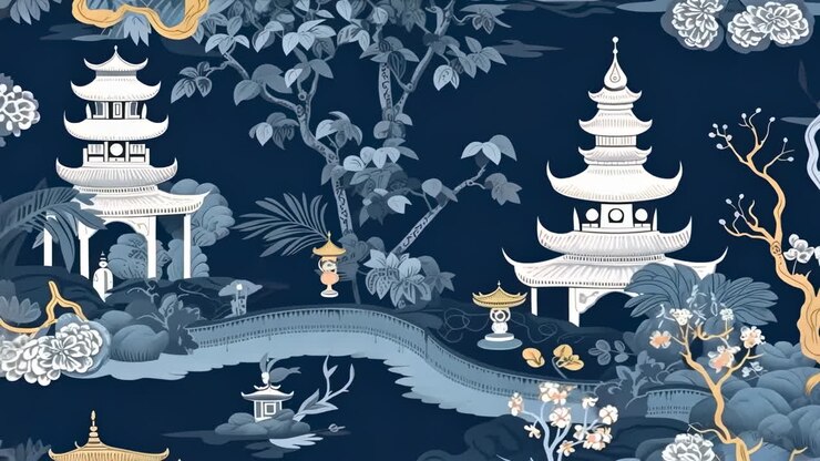 Elegant Chinoiserie Landscape with Pagodas and Bridges