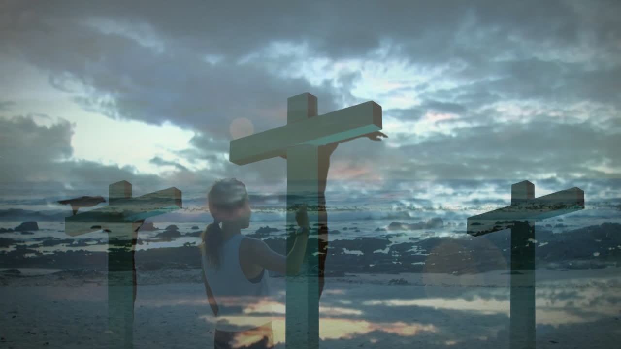 Silhouetted crosses and person in animation with dramatic cloudy sky at sunset