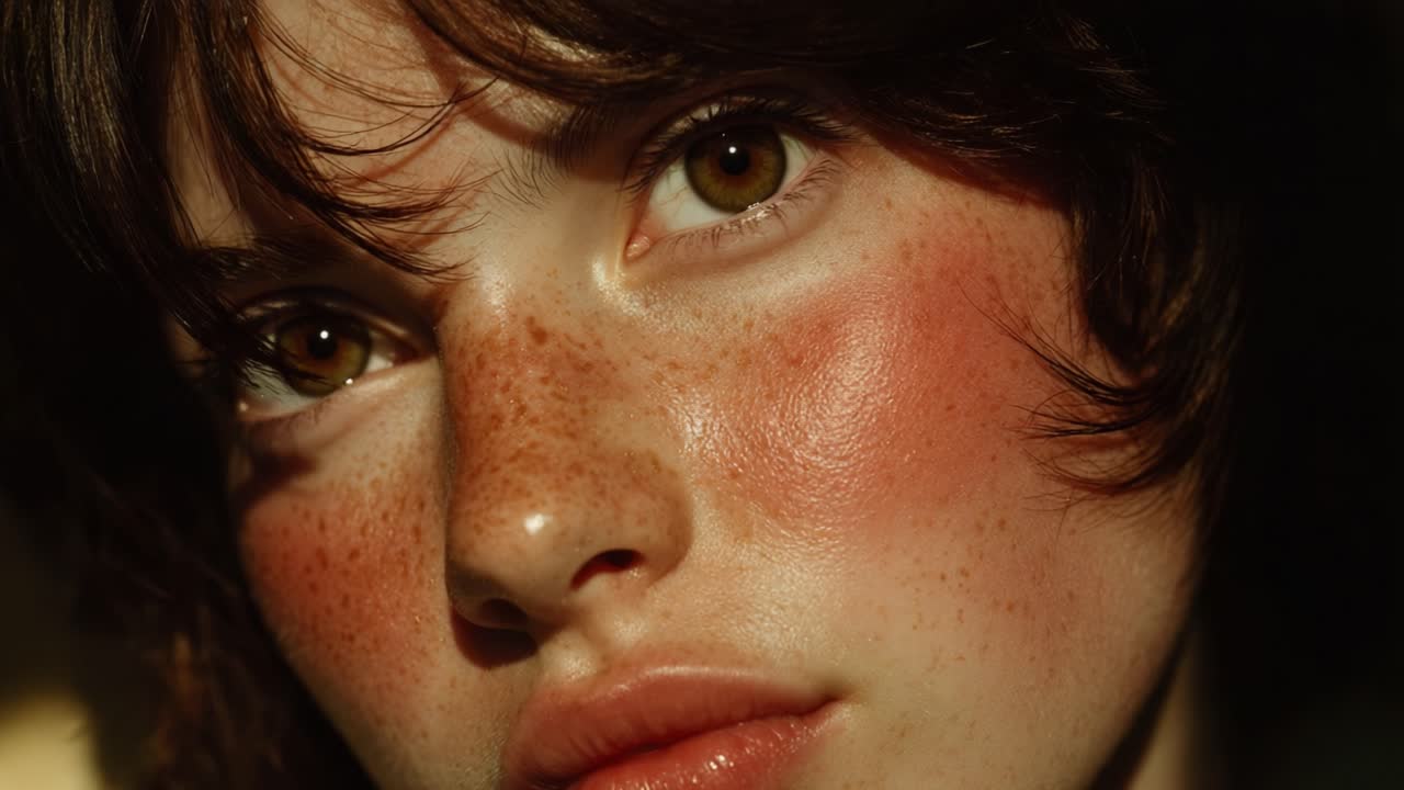 A Close-Up Portrait of a Young Person Showcasing Natural Beauty, Freckles, and Radiant Skin in Different Lighting Conditions Captured Across Two Frames