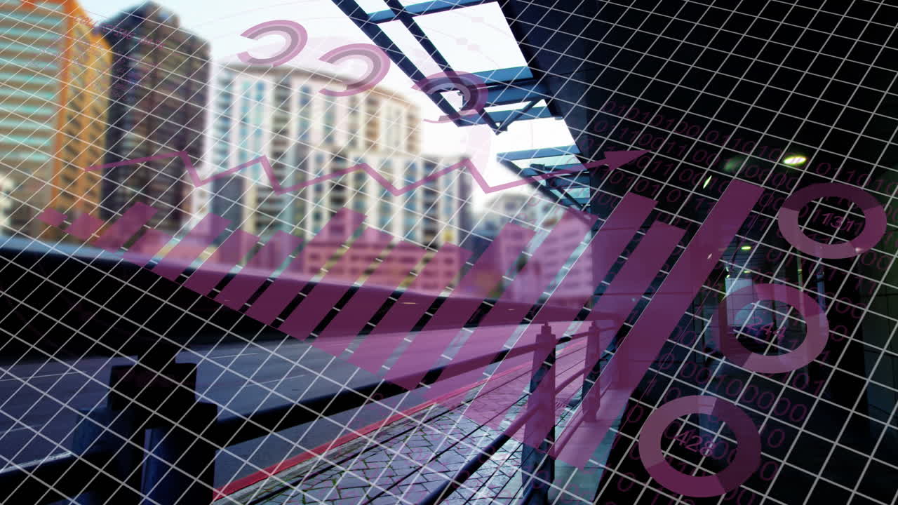 Animation of data processing over cityscape and train platform