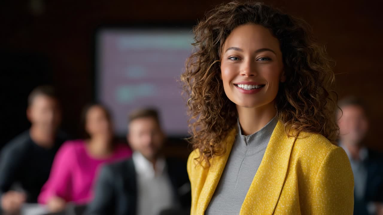 A confident woman in a vibrant yellow jacket smiles brightly at the camera while standing in front of an audience, showcasing leadership and engagement during a dynamic presentation environment
