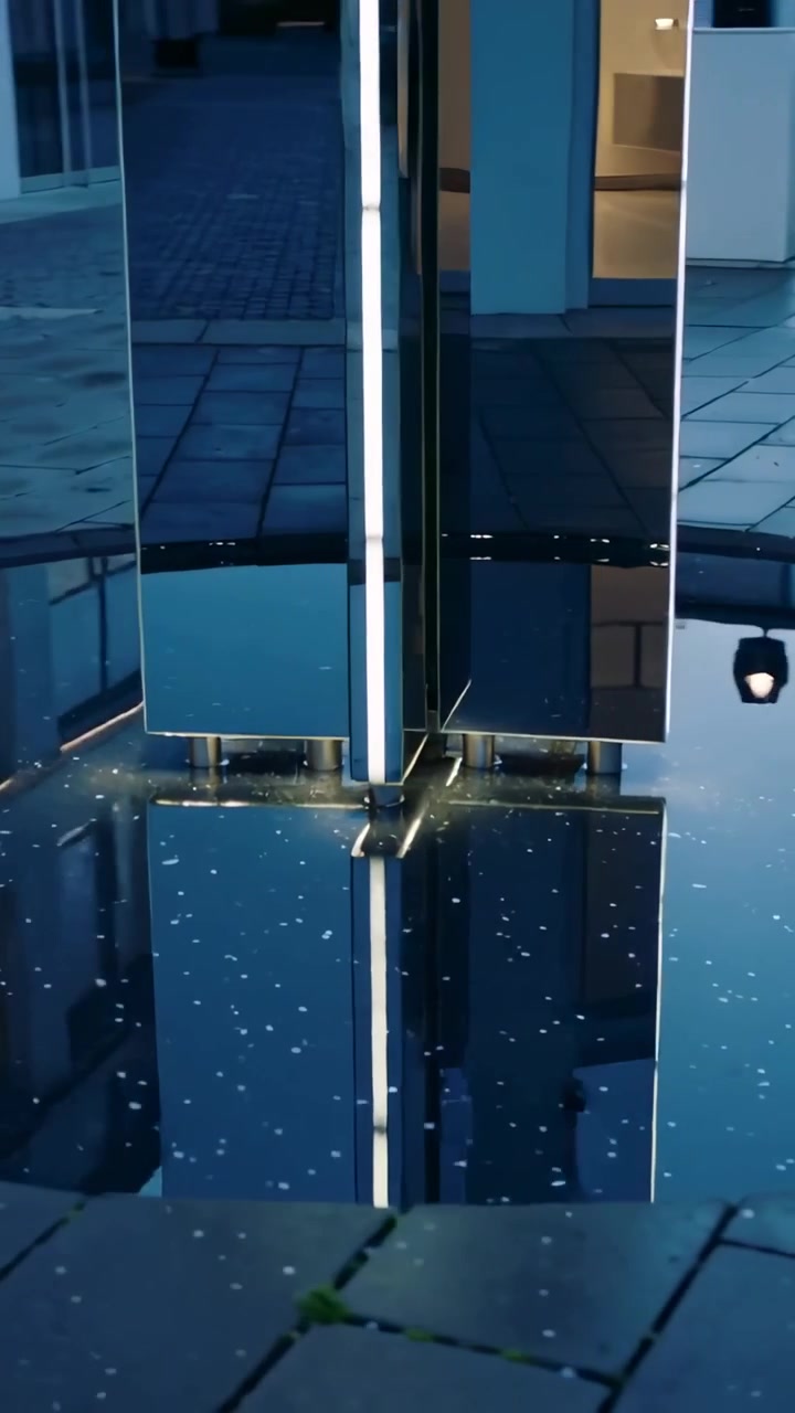 Video verticale: Telecamera che si allontana rivelando una scultura in piscina, mostrando strisce LED e l'interno