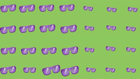 Animation-Einer-Violetten-Brille,-Die-Sich-über-Einen-Grünen-Hintergrund-Bewegt