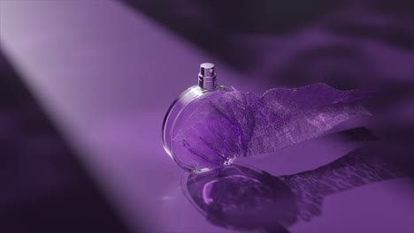 purple perfume bottle on a reflective surface