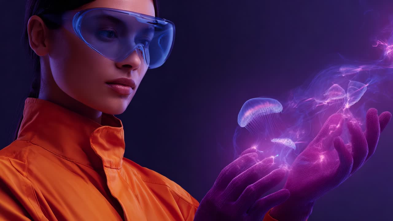 Una giovane donna con indumenti protettivi interagisce con delle meduse eteree in un ambiente luminoso e onirico, che mostra una fusione di scienza e arte, il tutto sullo sfondo di un misterioso sfondo viola