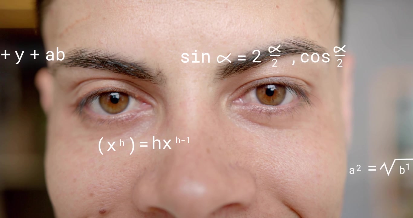 Homem de meia-idade piscando e abrindo os olhos, revelando equações matemáticas flutuantes para análise acadêmica.