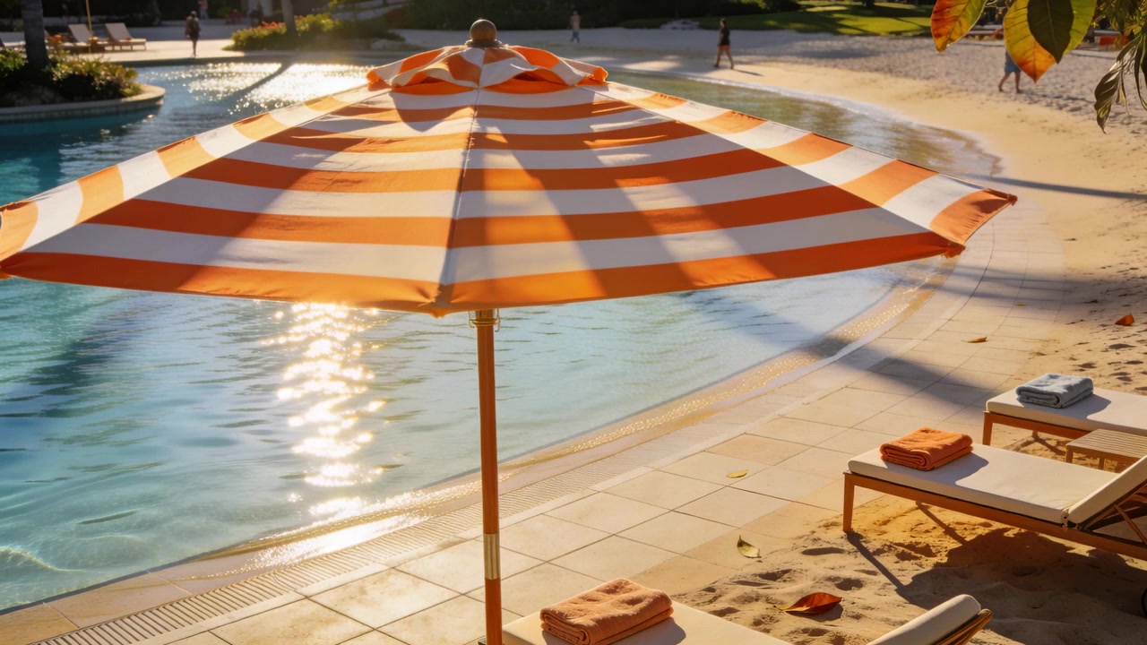 Un ombrellone arancione inquadra la piscina, facendole ombra, il sole si sposta mentre una coppia in abbigliamento casual passeggia oltre i lettini.