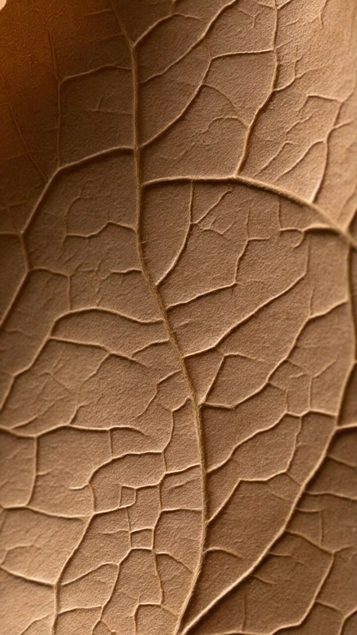 Macro close up shot of brown pressed leaf texture showing intricate branching veins