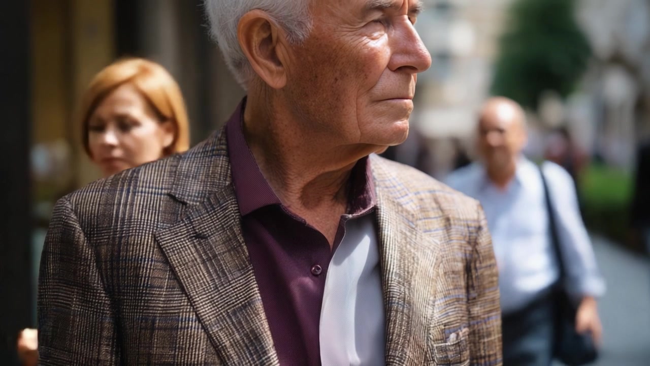 A Distinguished Elderly Man in Stylish Attire Walking Confidently Through a Bustling Street Scene, Captured in Two Frames Highlighting His Poise and Presence