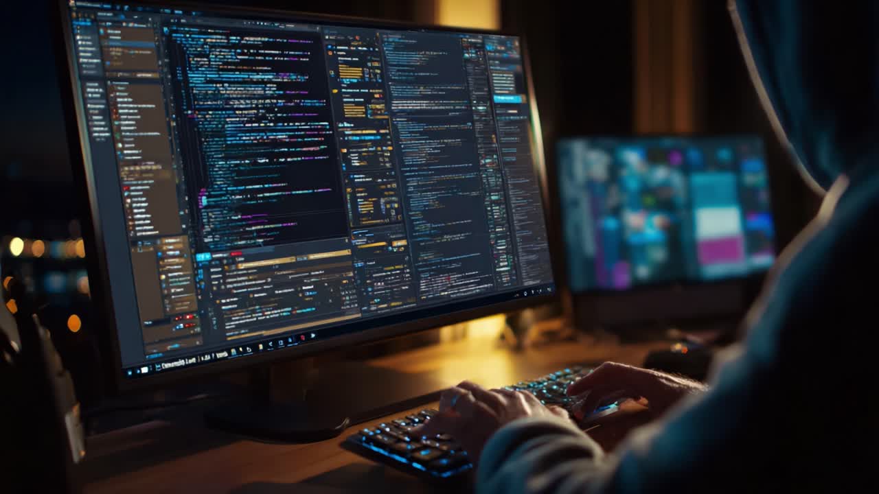 Close-up View of Programmer's Hands Typing on Keyboard Surrounded by Screens Displaying Complex Code and Programming Interfaces in a Dimly Lit Environment
