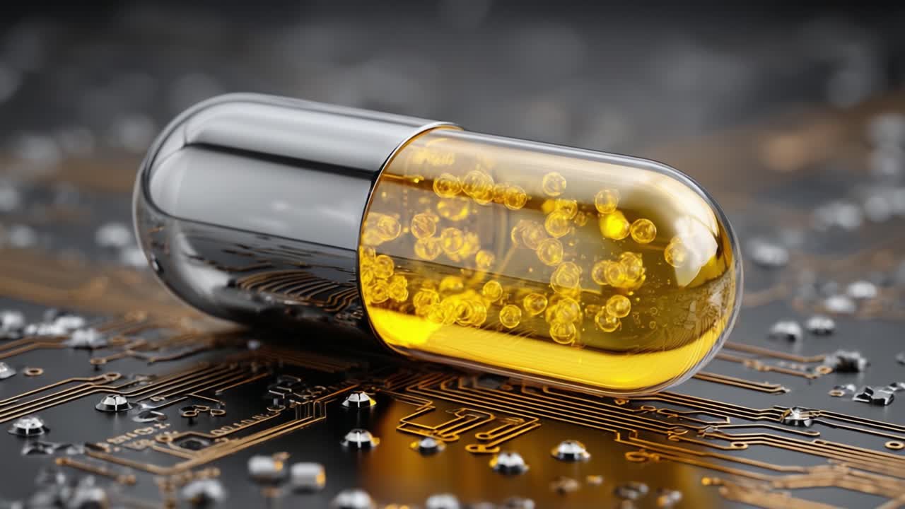 Biotecnologia Innovativa: Primo Piano su una Capsula Trasparente Piena di Particelle Dorate, Poggiata su un Circuito Stampato ad Alta Tecnologia, Simboleggiando i Progressi Farmaceutici Moderni