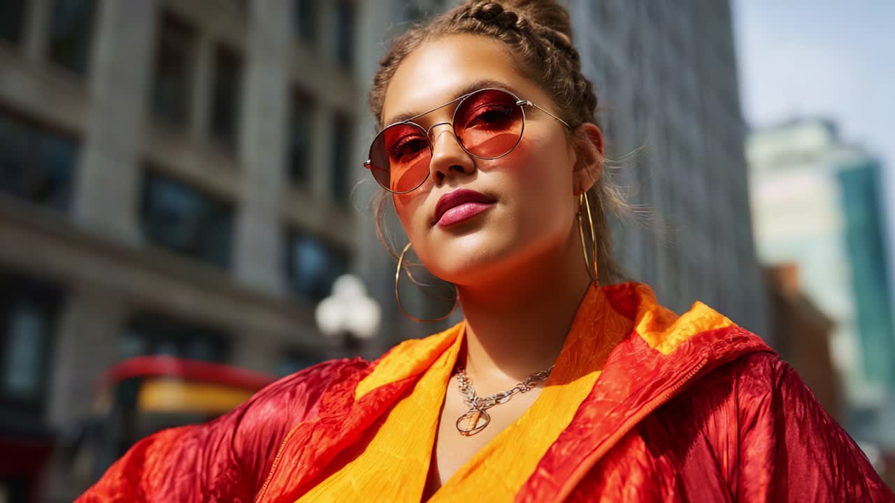 Confident Young Woman in Sunset Colors and Stylish Sunglasses Poses Against Urban Background, Showcasing Fashion and Self-Assurance in Vibrant Outfit
