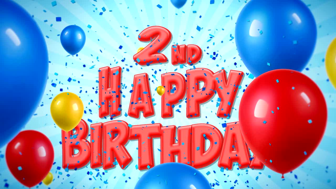 второй счастливый день рождения красный текст появляется на конфетти поппер взрывы падающие и блестящие частицы, красочные летающие воздушные шары бесперебойная цикла анимация для пожеланий приветствия, вечеринки, приглашения, карты.