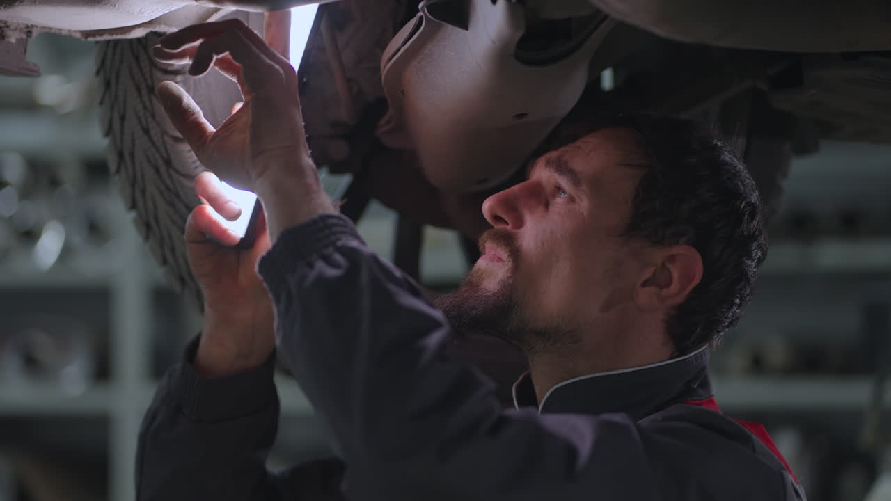 un hombre capataz inspecciona el sistema de escape de un coche