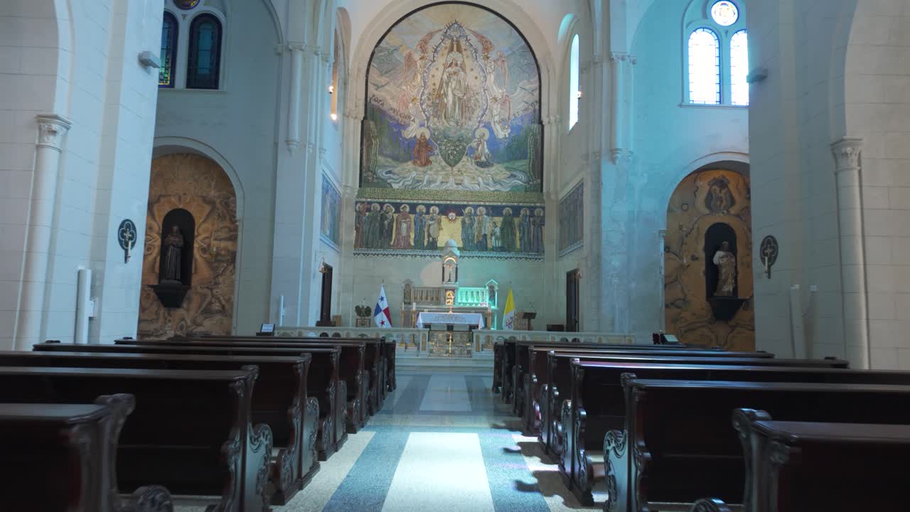 Interior of a Grand Cathedral with a Detailed Religious Mosaic