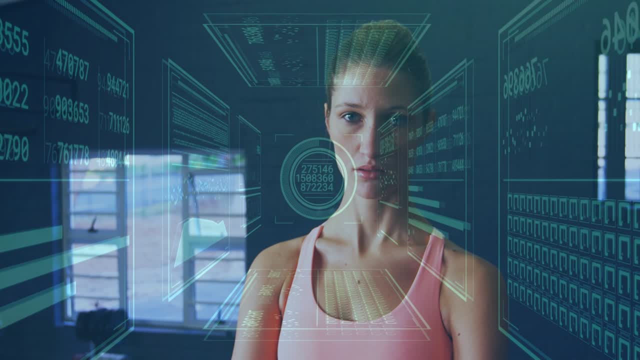 Camera pulling back, HUD aligning on face, woman crossing arms undergoing fitness metrics scan