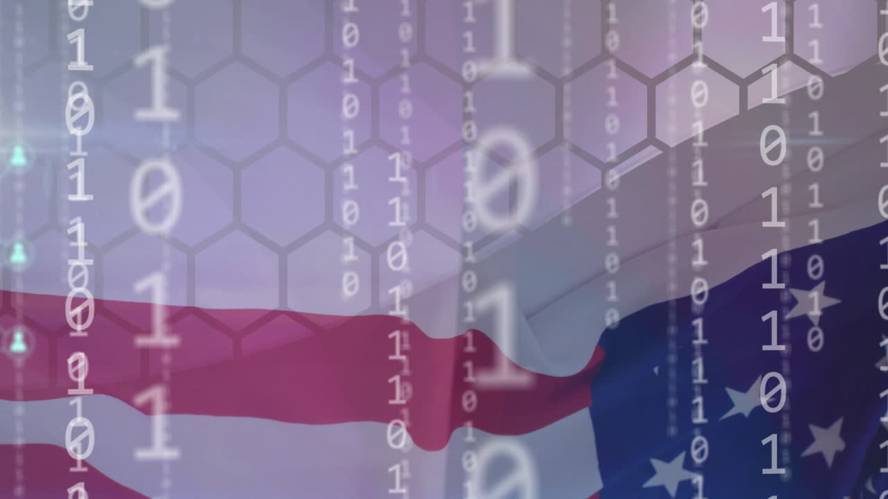 바이너리 코드와 육각형 그리드 애니메이션이 미국 발을 흔들고 있습니다.