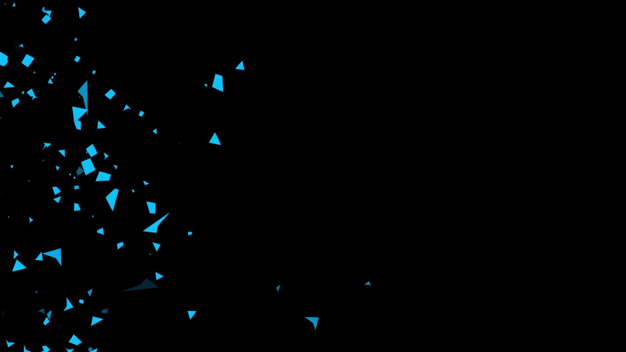 Abstract animation of blue geometric shards or confetti exploding from left side on black background. For parties, events, or intros