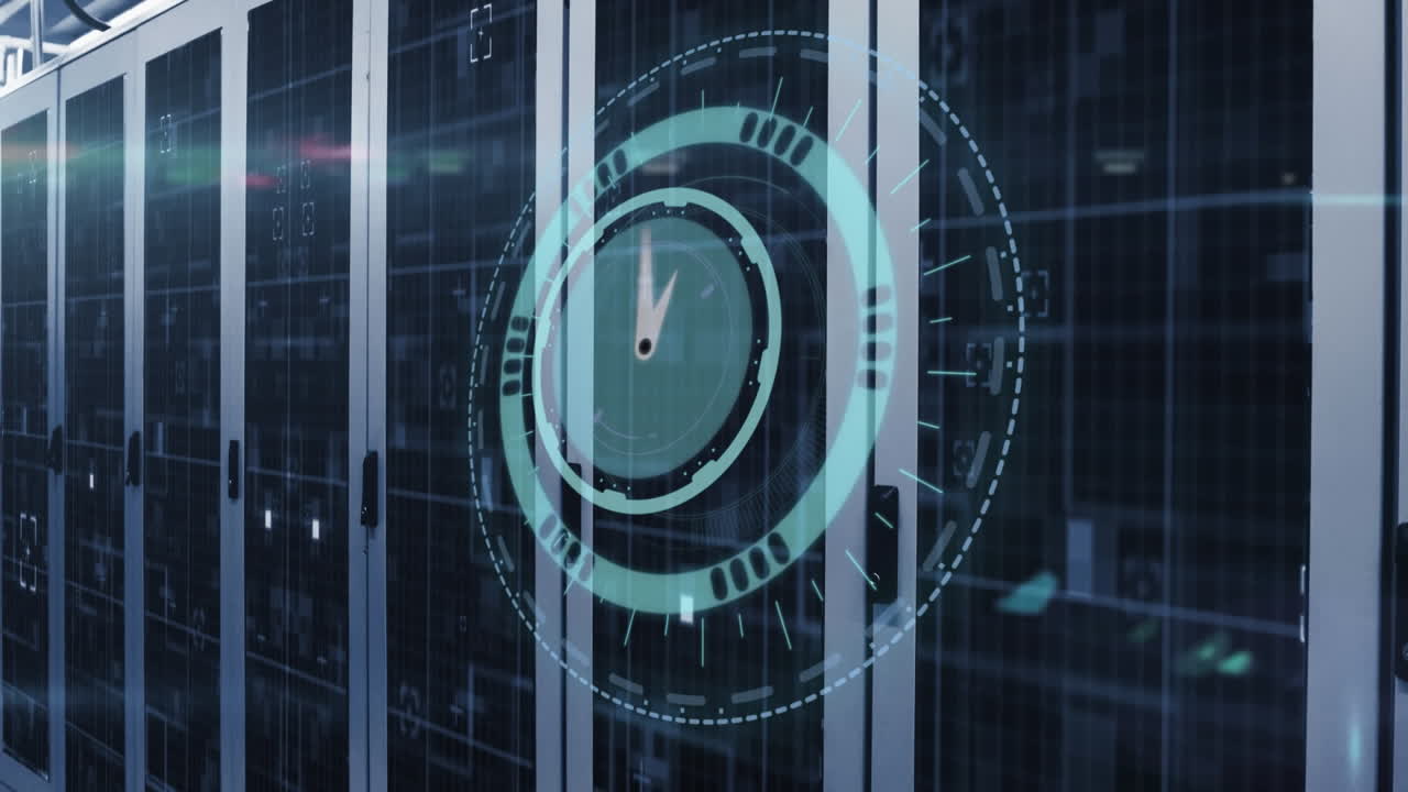 Animation of clock and data processing over tech room with computer servers