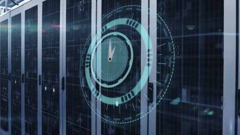 animation of clock and data processing over tech room with computer servers