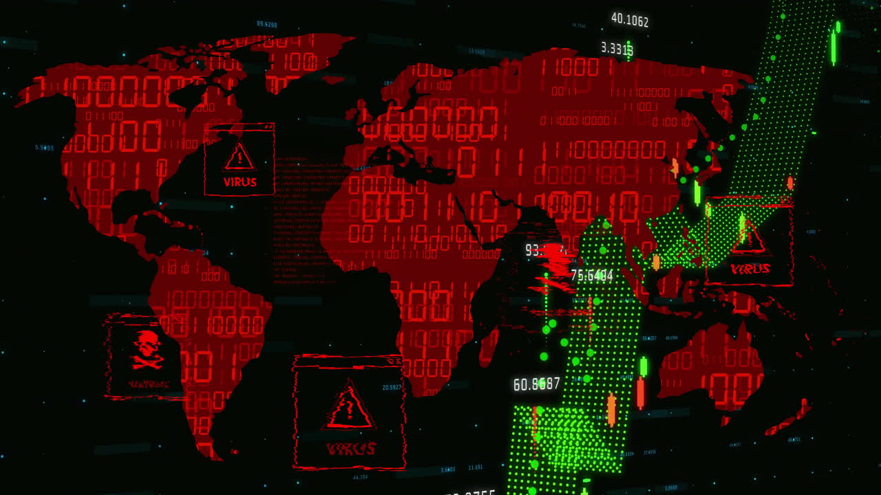 Digital animation showing world map with virus and malware warnings in red and green