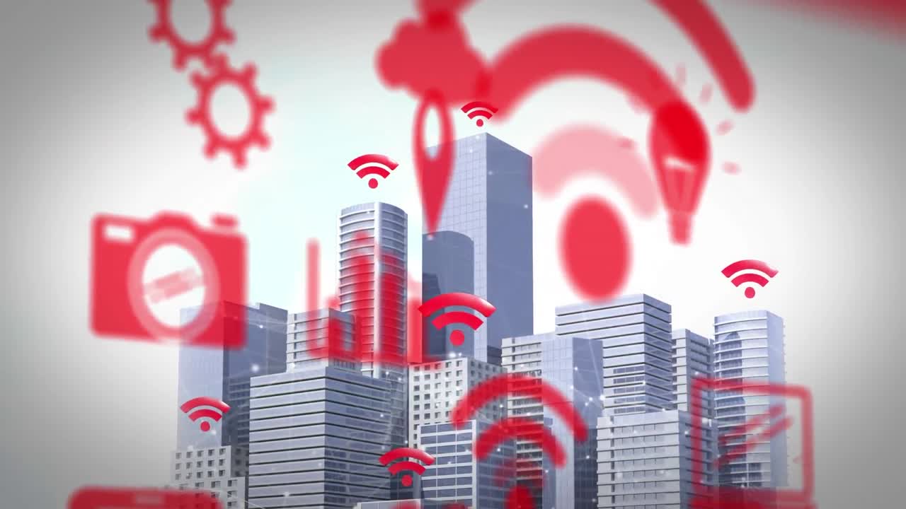 animación de iconos digitales flotando sobre el paisaje urbano