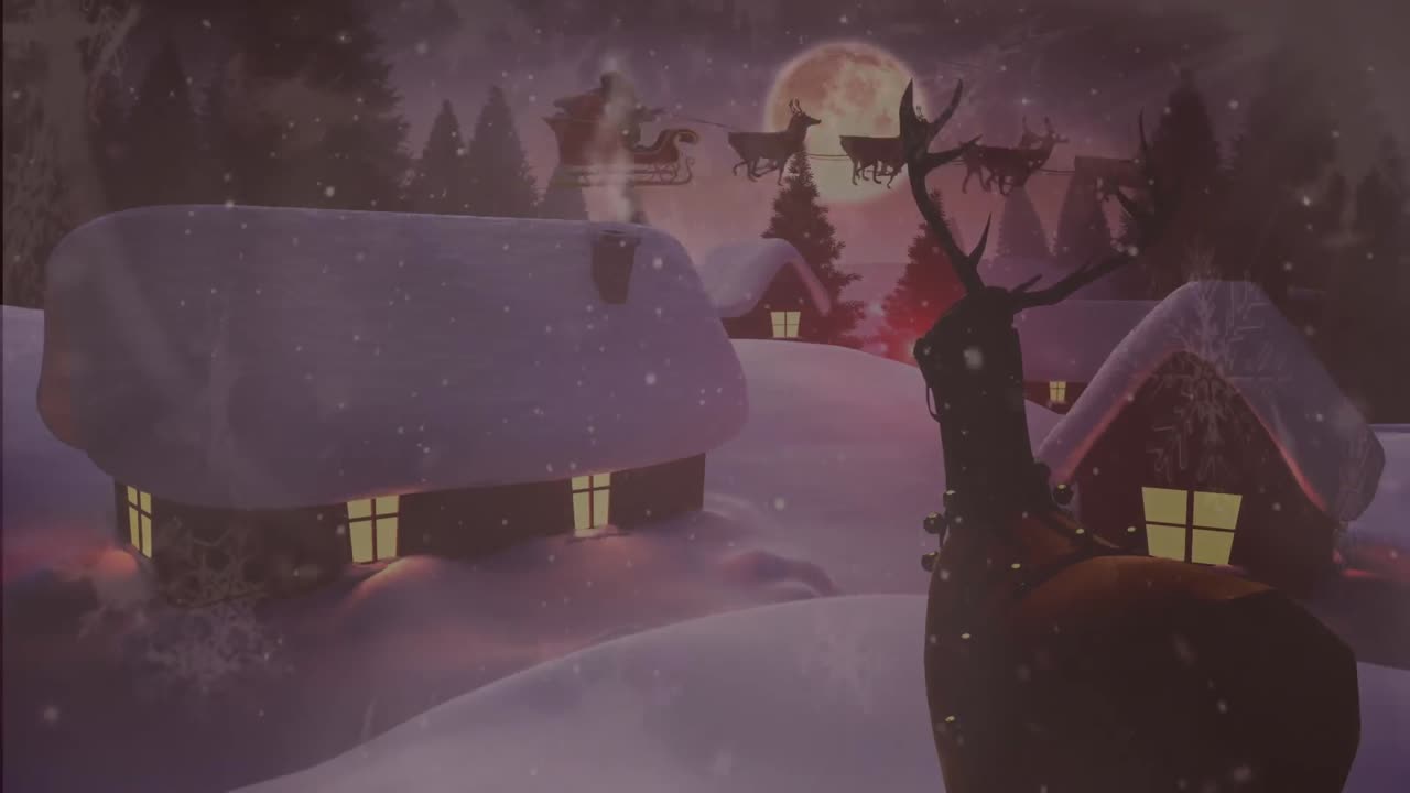 santa claus en trineo siendo tirado por renos contra el paisaje de invierno