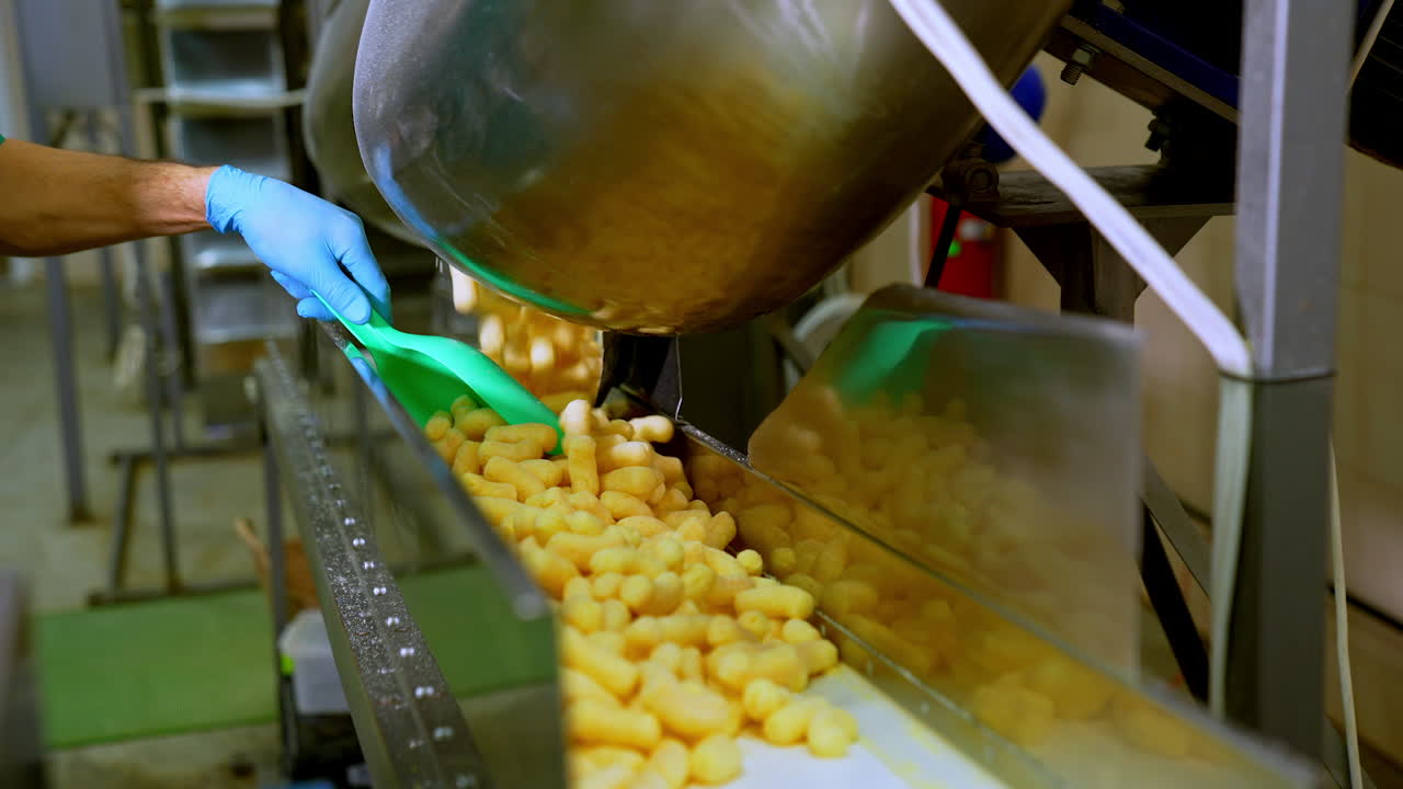 Worker's hand in latex gloves opens the metal tank to throw snacks on conveyor. Corn sticks being pushed by ladle along the belt.